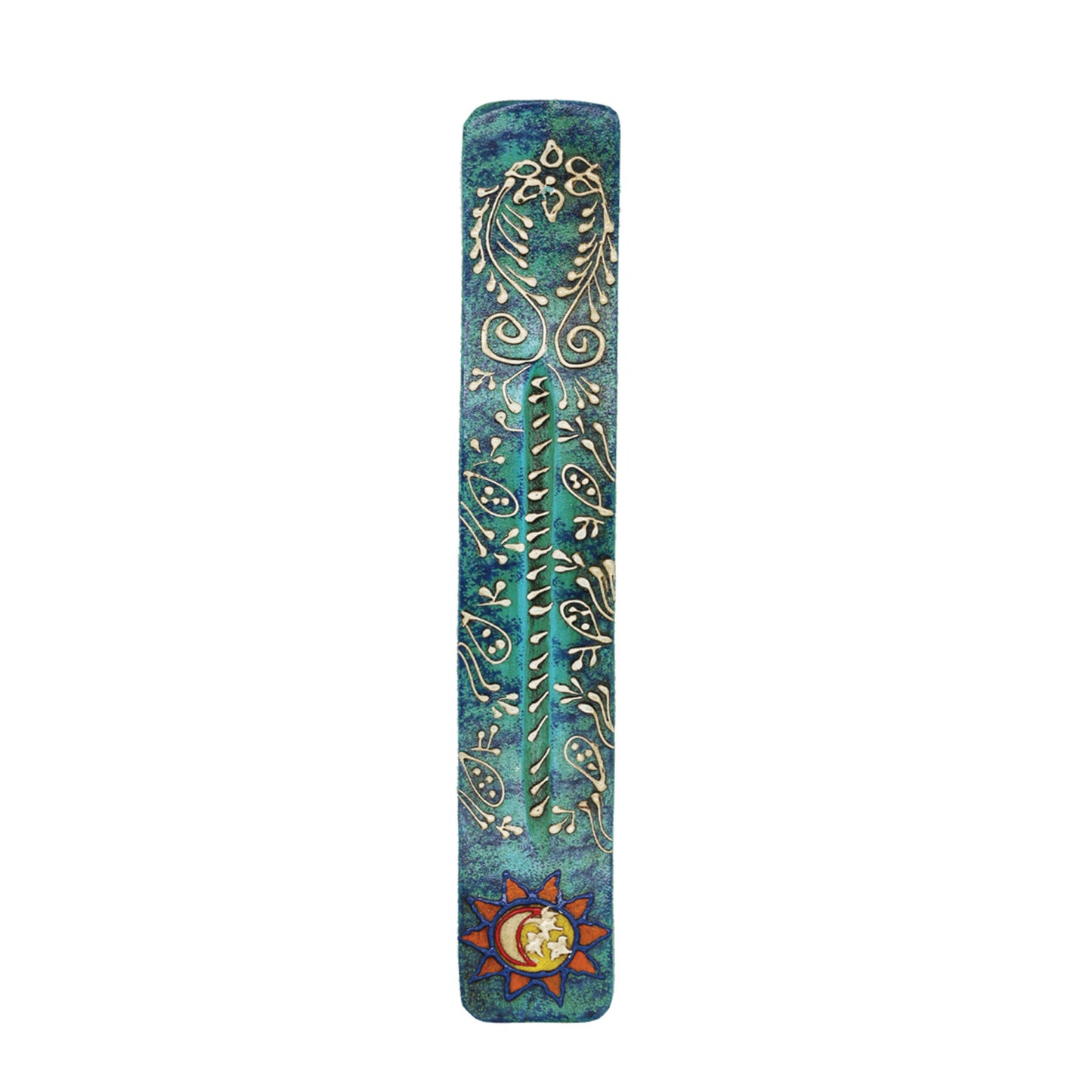 11" Teal Wooden Incense Ash Catcher - Sun/moon - 14095