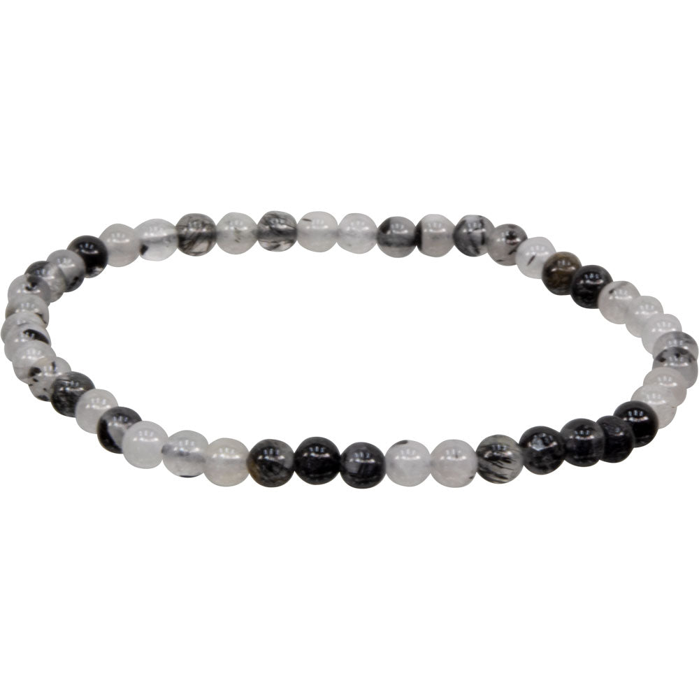 Elastic Bracelet 4mm Round Beads - Black Rutilated Qtz