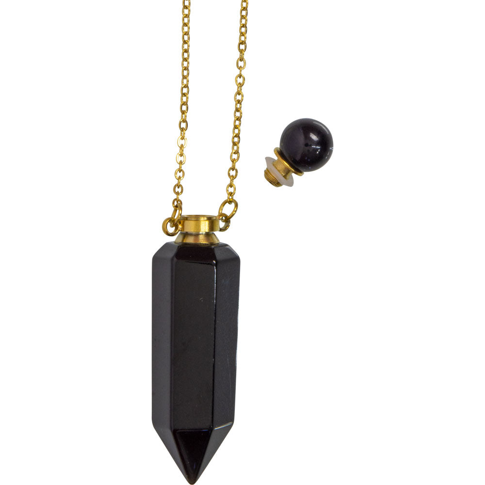 Gemstone Point Pendant Perfume Bottle Necklace - Black Obsidian