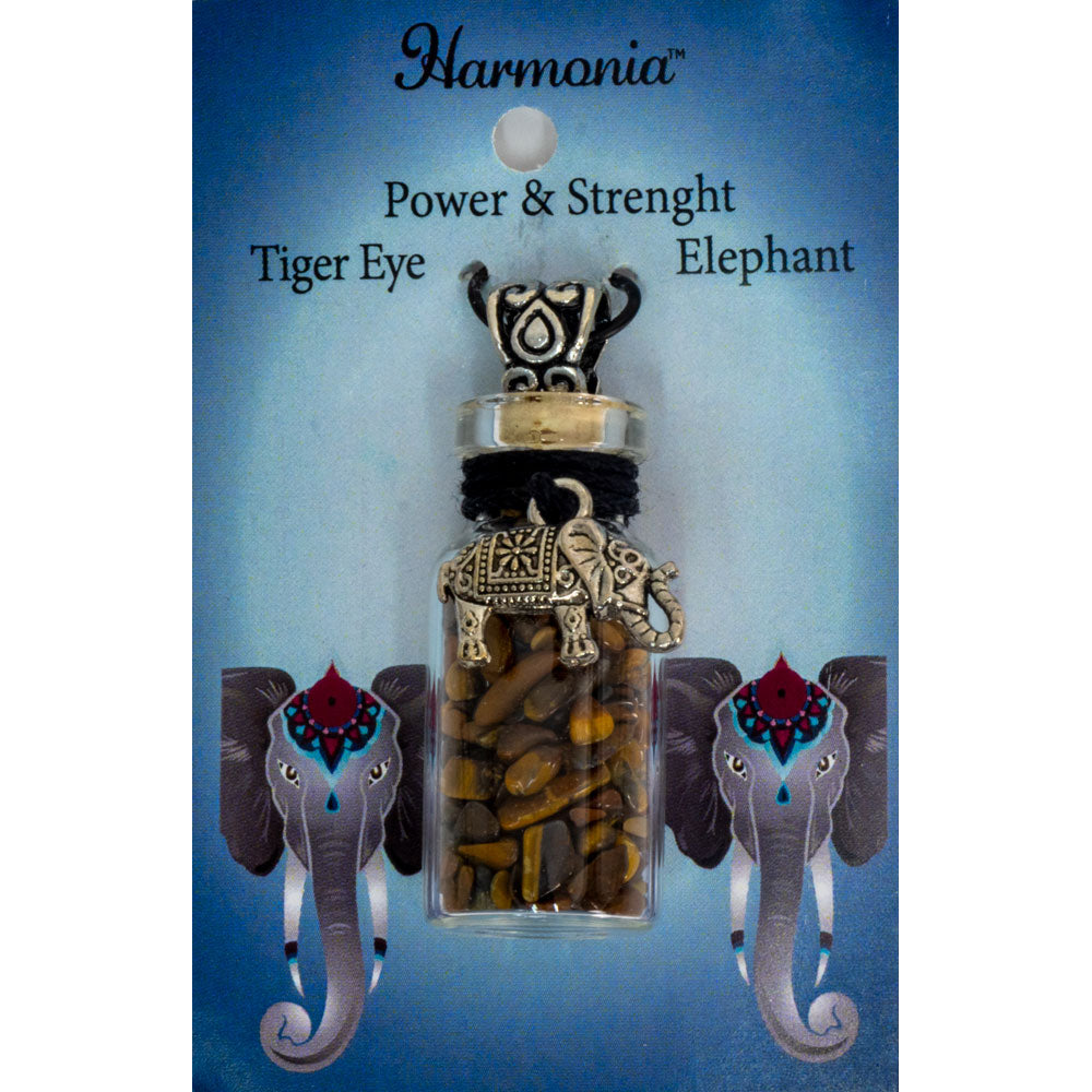 Gemstone Chip Bottle Necklace - Tiger Eye w/ Elephant