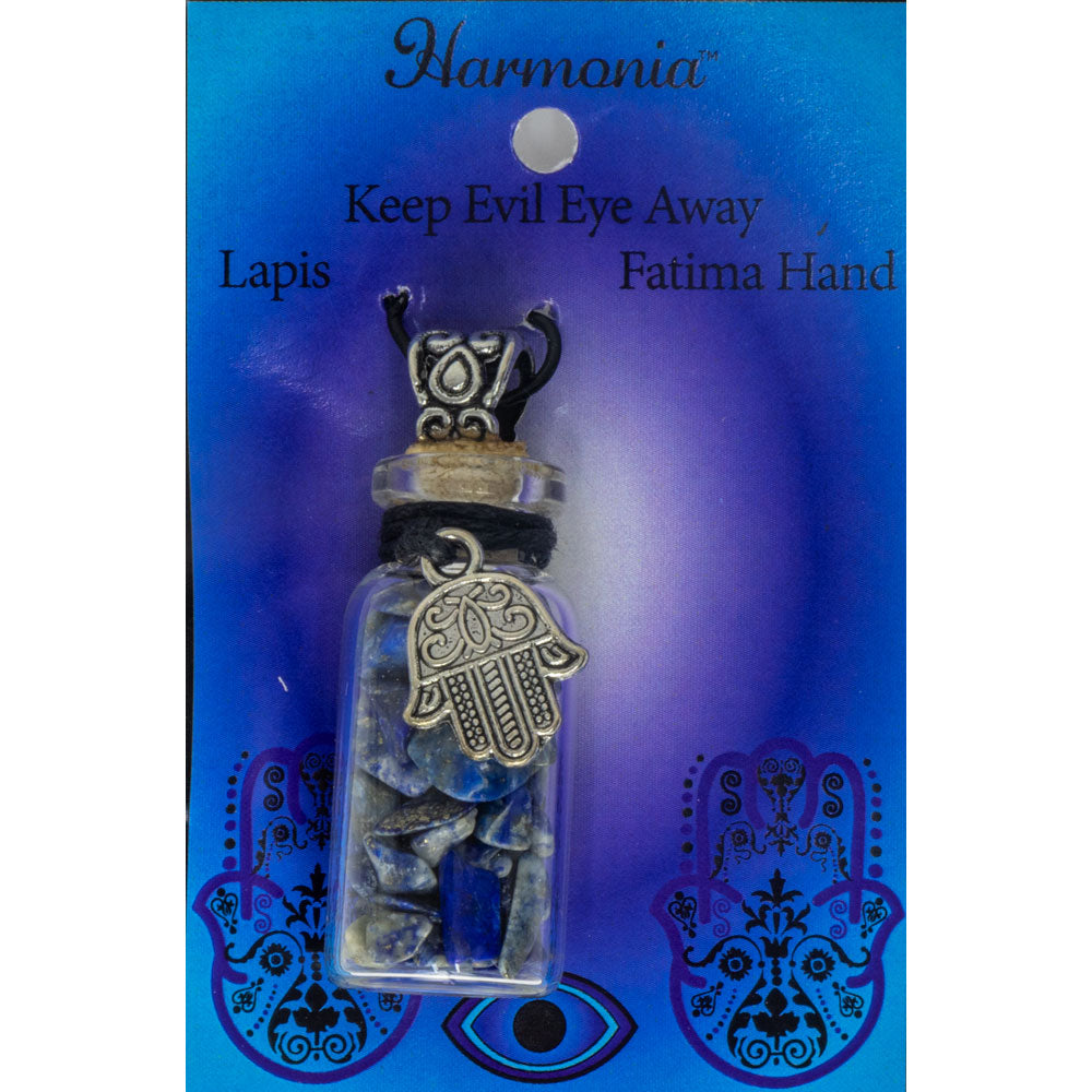 Gemstone Chip Bottle Necklace - Lapis w/ Fatima Hand