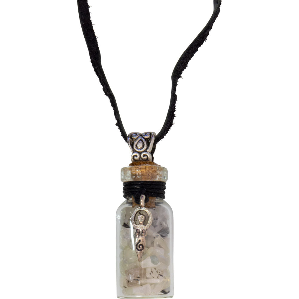 Gemstone Chip Bottle Necklace - Rainbow Moonstone w/ Goddess