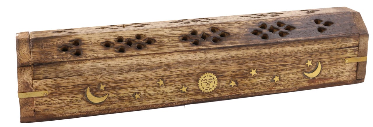 12" Brass inlay Wooden Incense Coffin Box (sun and moon)