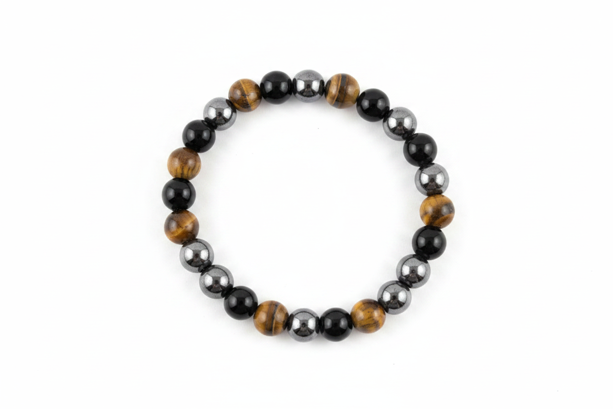 Elastic Bracelet 8mm -Triple Power (Tiger Eye, Black Obsidian, Hematite)