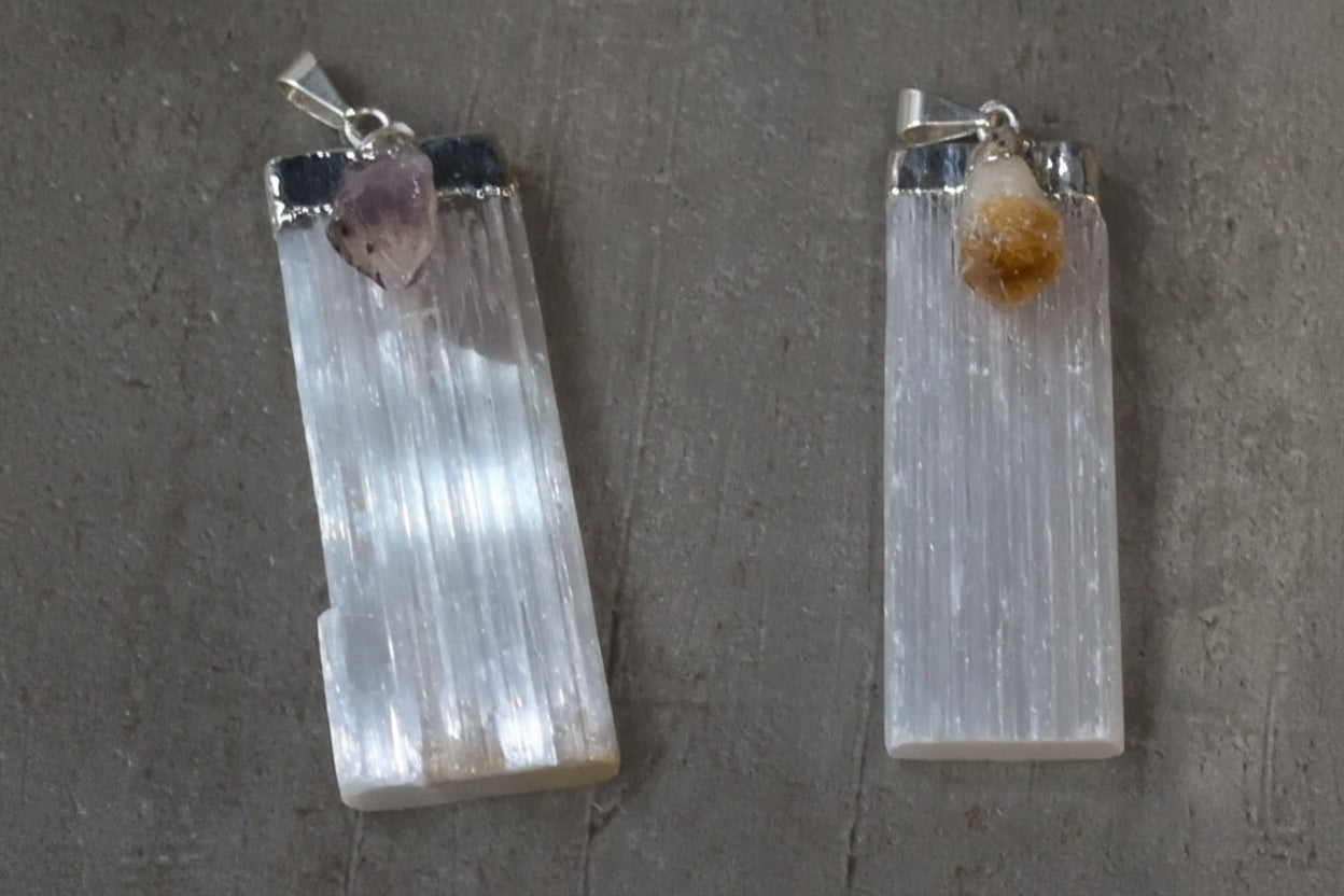 Selenite Pendant with crystal point- Amethyst or Citrine