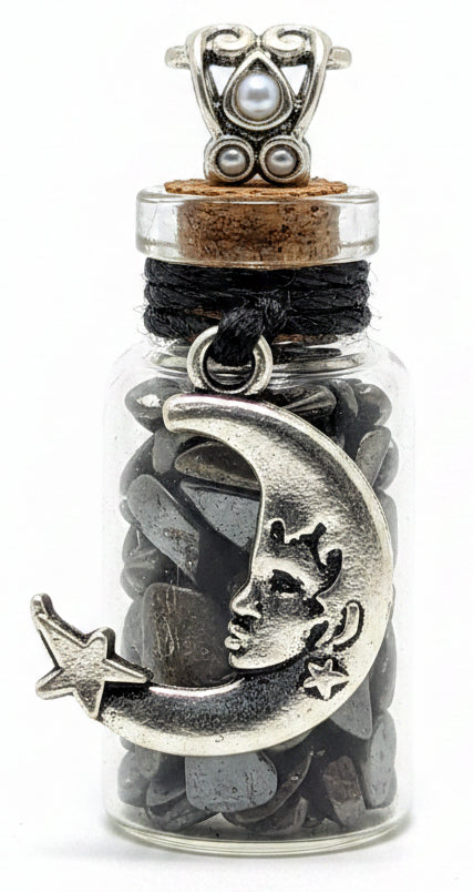 Gemstone Chip Bottle Necklace - Hematite w/Cresent Moon