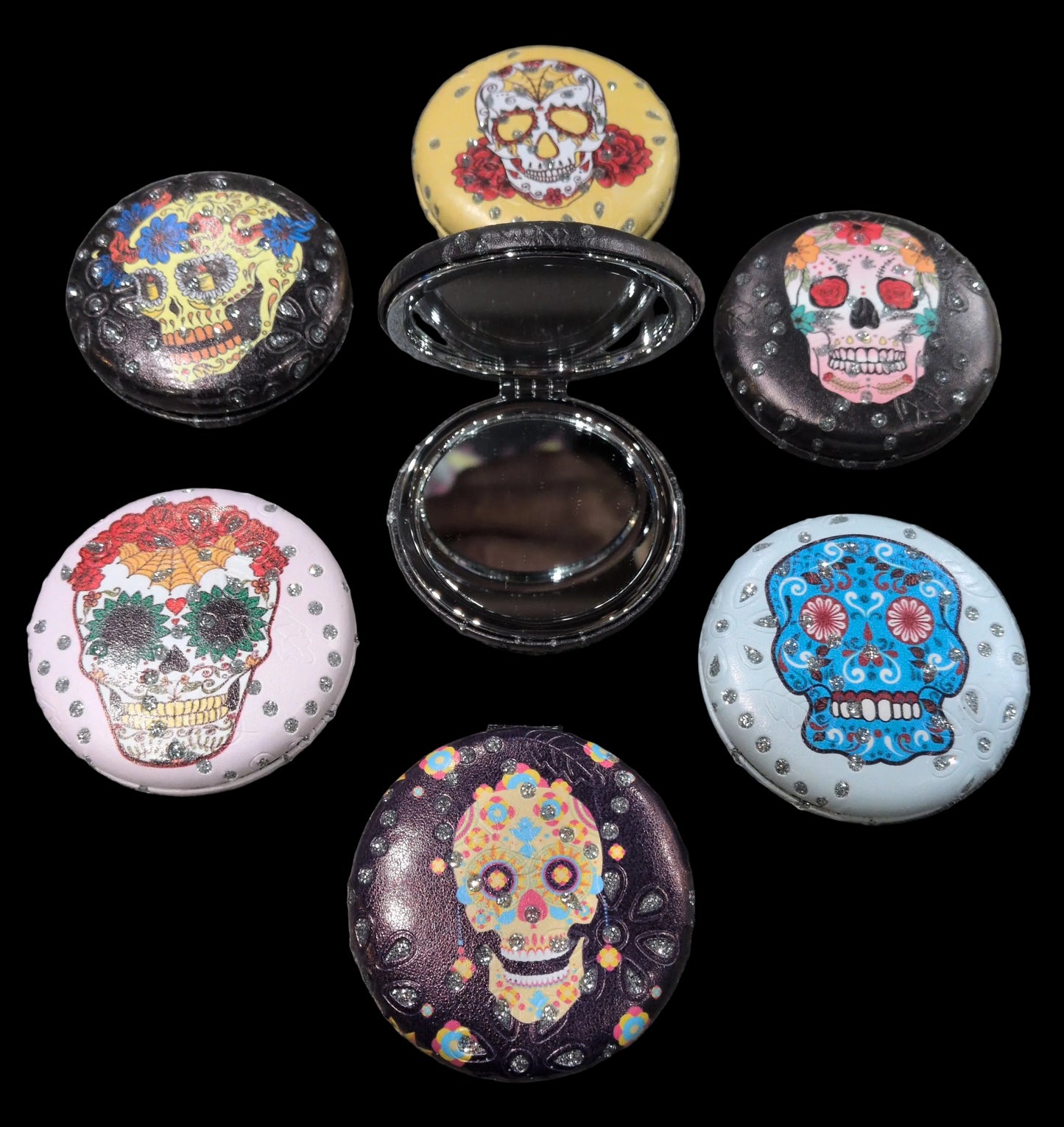 Assorted Day of the Dead-Sugar Skulls 2 in 1 round compact mirror w/ magnifying mirror
