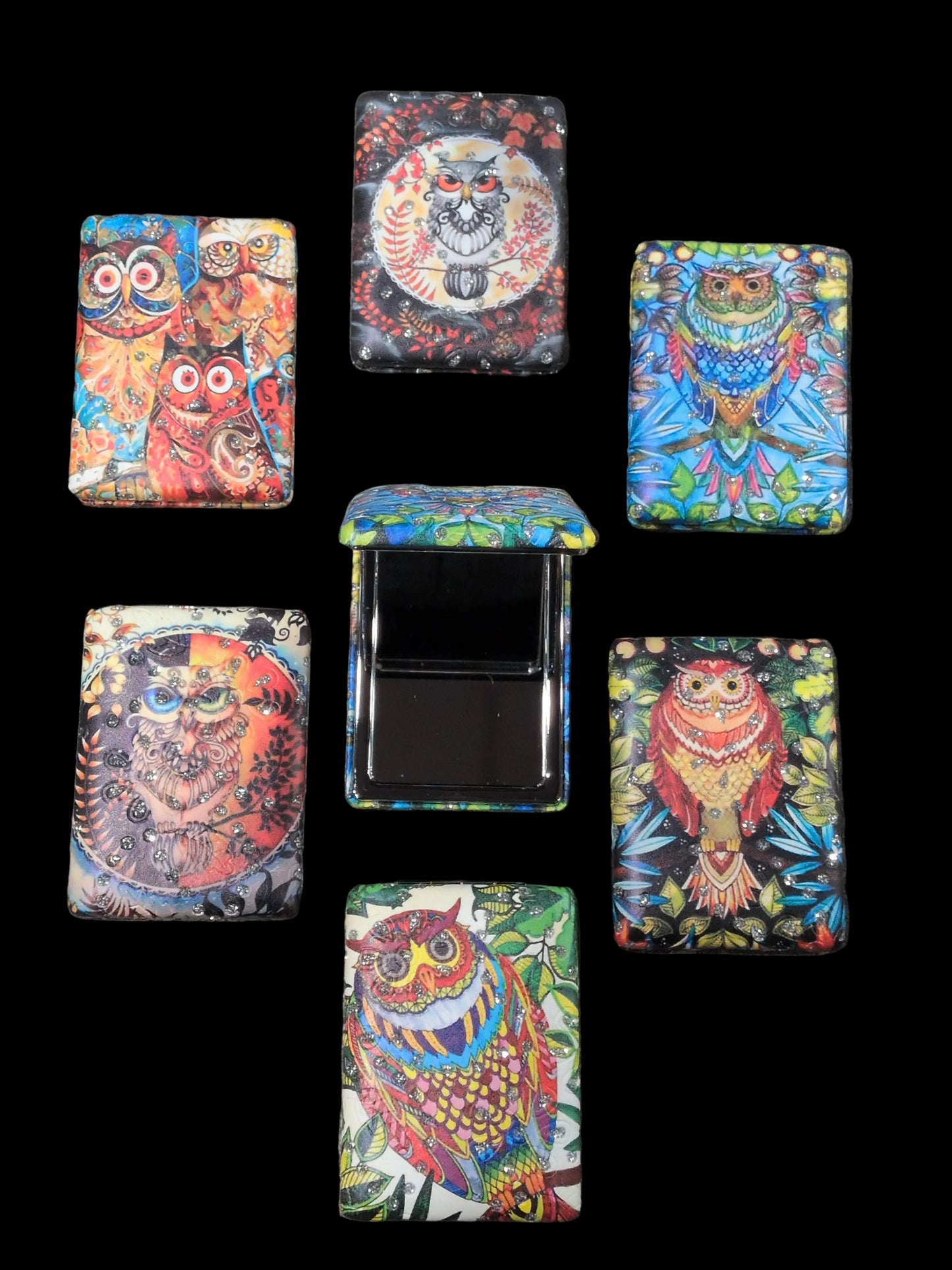 Assorted Owl Designs Rectangular 2 in 1 compact mirror w/ magnifying mirror