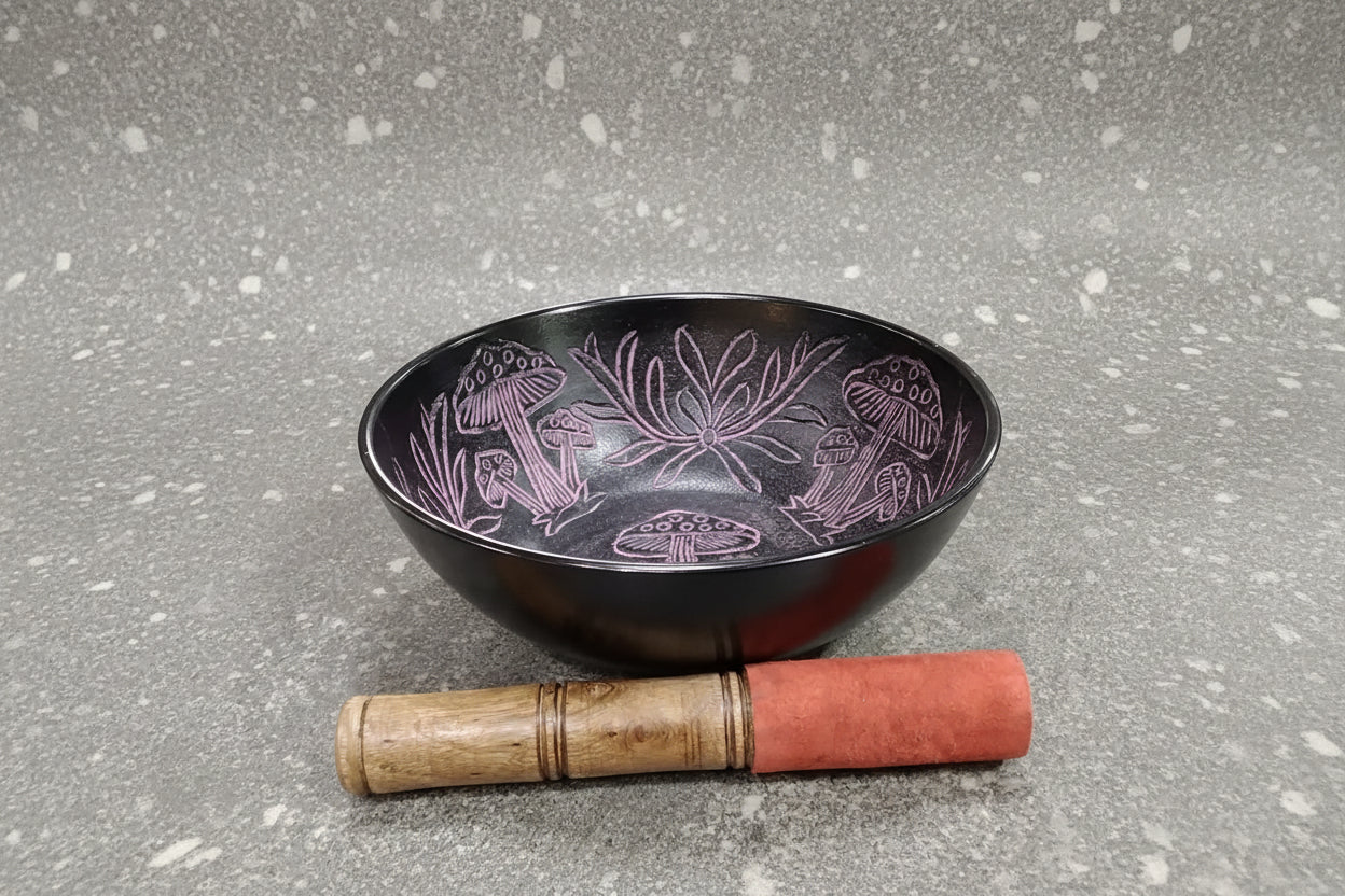 Black Aluminum Singing Bowl 7"-D W/Purple Mushroom inlay