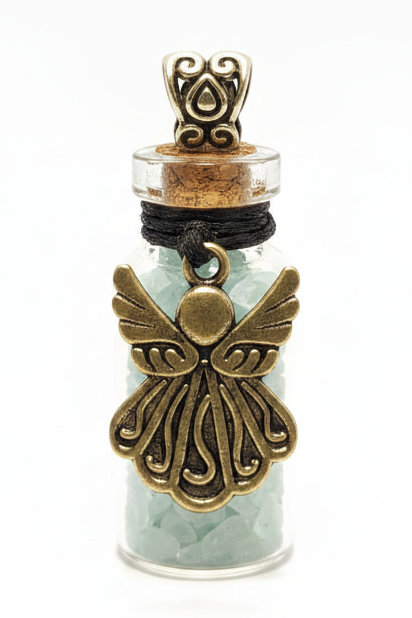 Gemstone Chip Bottle Neclace - Aquamarine w/ Angel