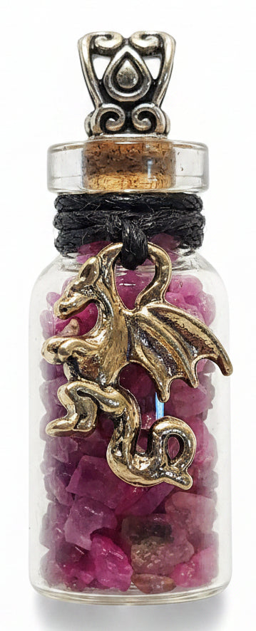 Gemstone Chip Bottle Necklace - Ruby w/ Dragon