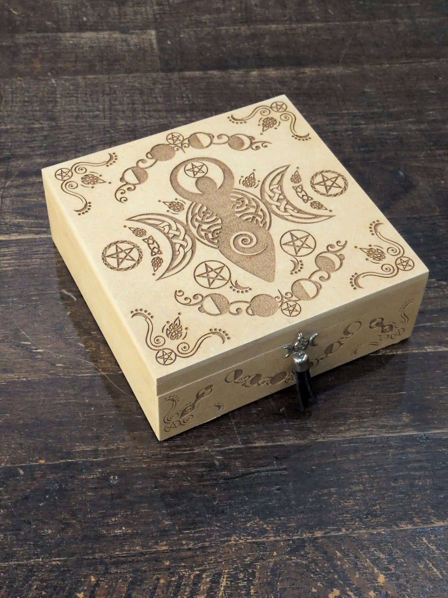 Square machine carved Goddess & Moons MDF wood box