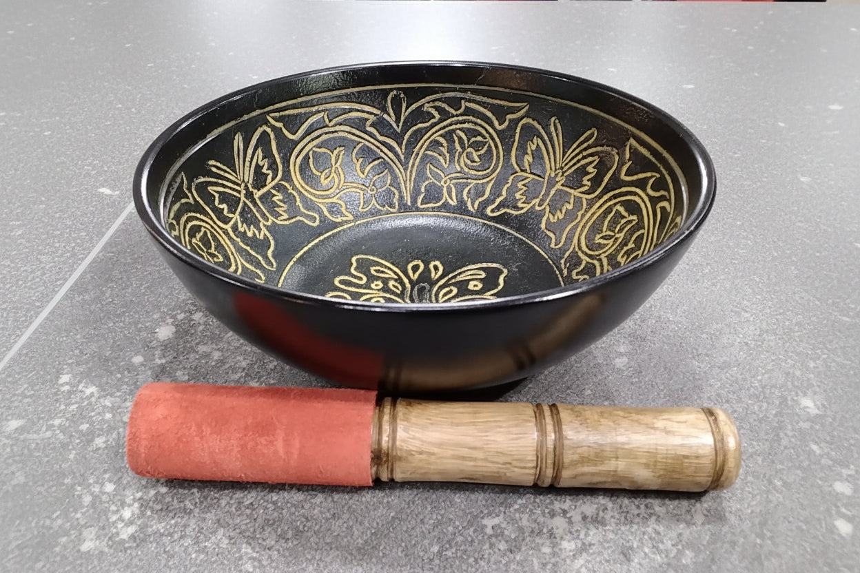 Black Aluminum Butterfly Singing Bowl 7"D W/ Yellow inlay