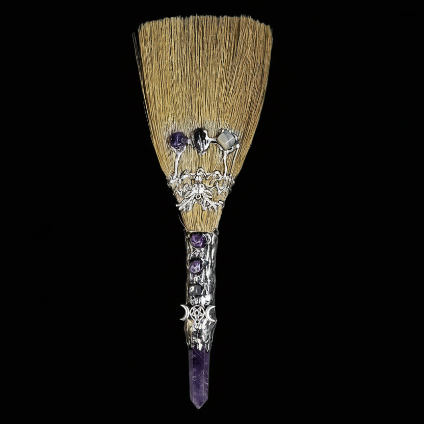 Silver Stag/ Moon Goddess Pentacle Amethyst Crystal Broom Wand
