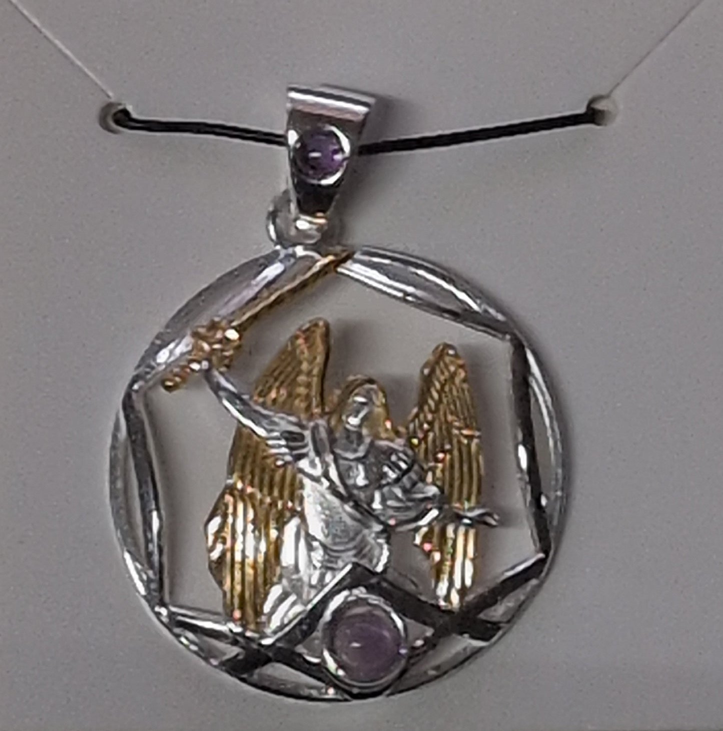 Archangel Michael Sterling Silver Pendant w/ gold accent & Amethyst