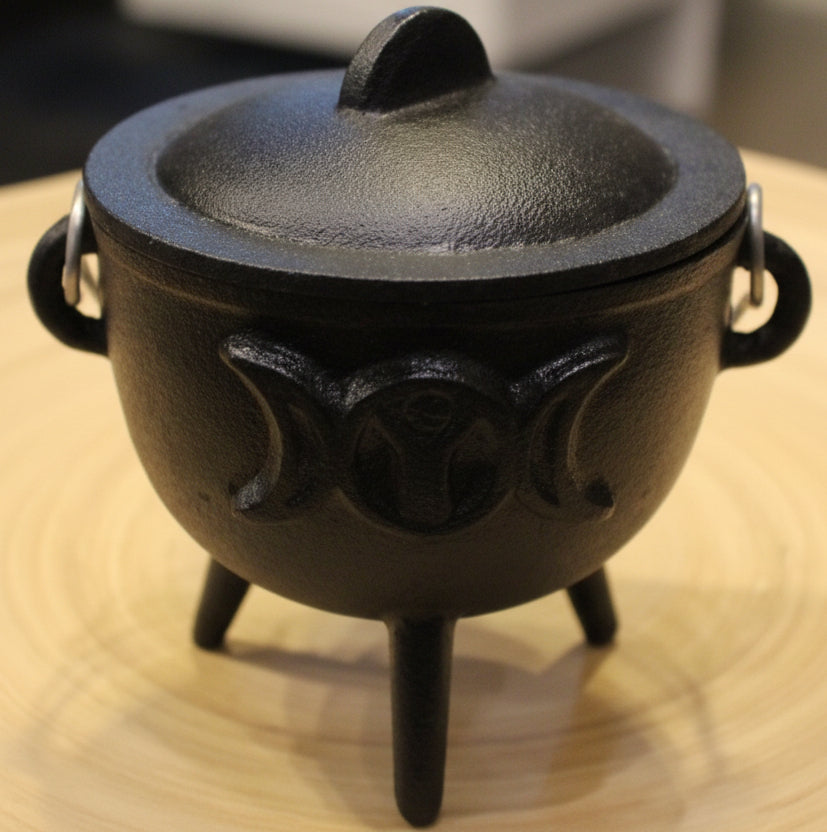 Large Cast Iron Cauldron w/ Triple Moon Goddess emblem