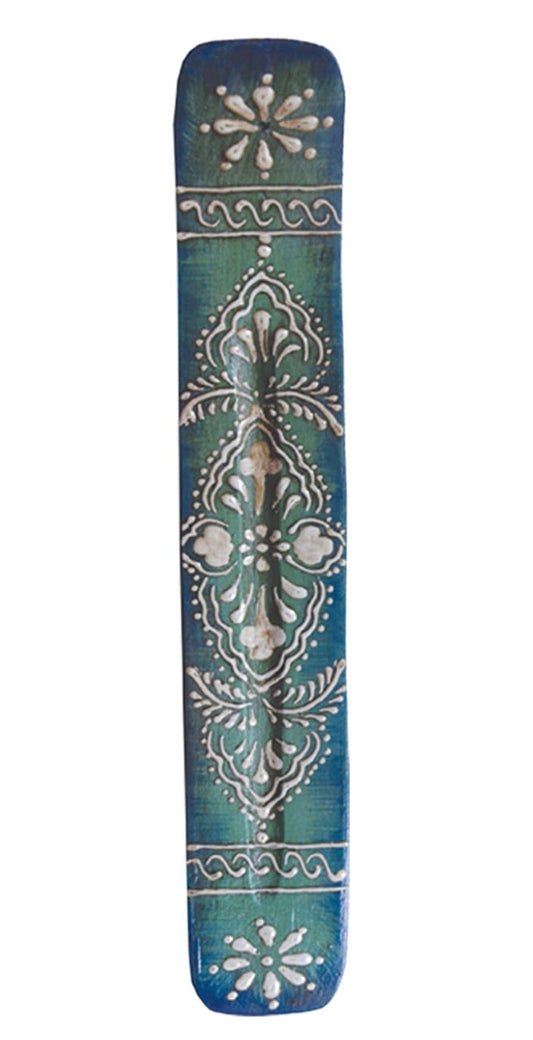 11" Teal Wooden Incense Ash Catcher - Floral - 10427