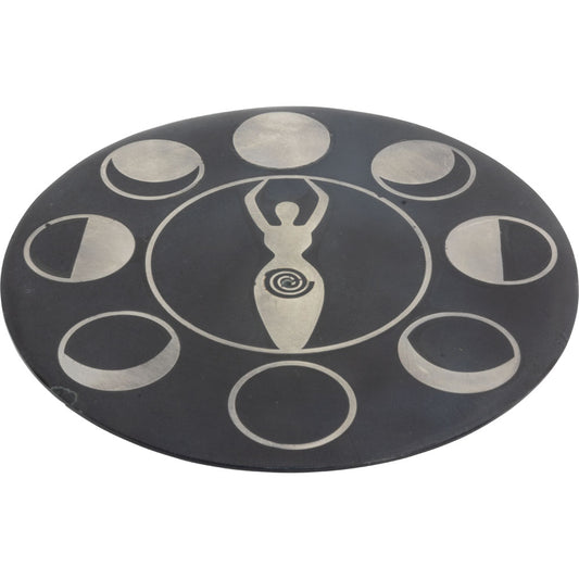 Soapstone Round Incense Holder w/ Silver Inlay - Moon Phase Goddess