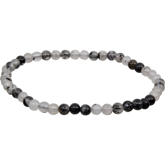 Elastic Bracelet 4mm Round Beads - Black Rutilated Qtz