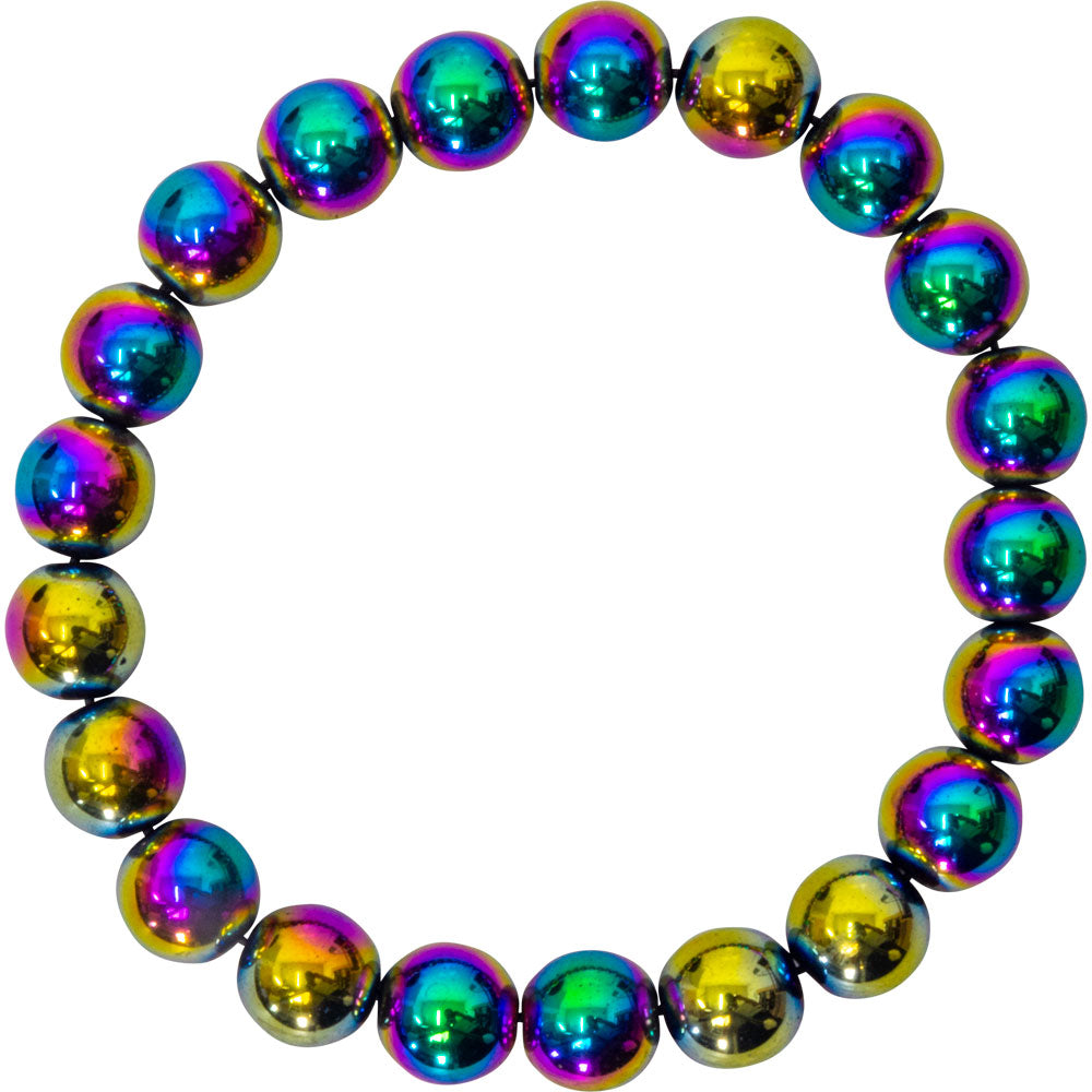 Elastic Bracelet 6-8mm Round Beads - Rainbow Hematite