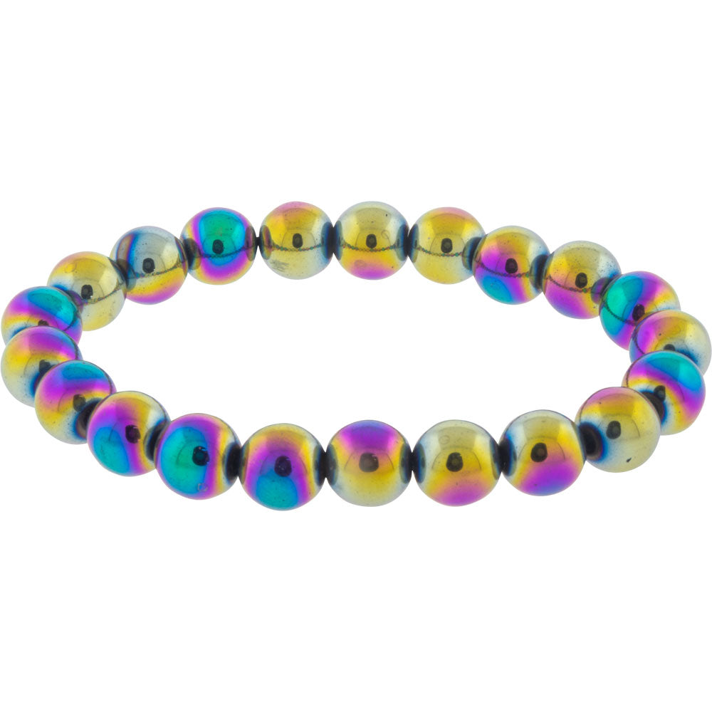 Elastic Bracelet 6-8mm Round Beads - Rainbow Hematite