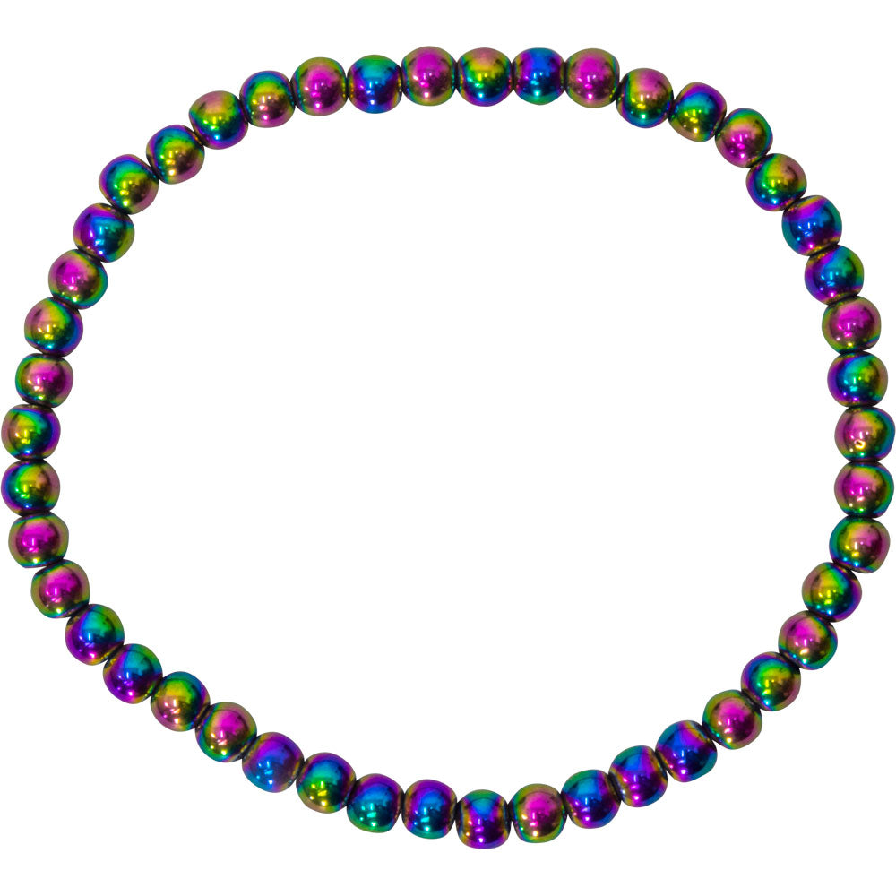Elastic Bracelet 4mm Round Beads - Rainbow Hematite