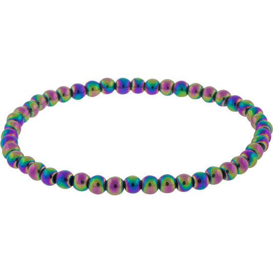 Elastic Bracelet 4mm Round Beads - Rainbow Hematite
