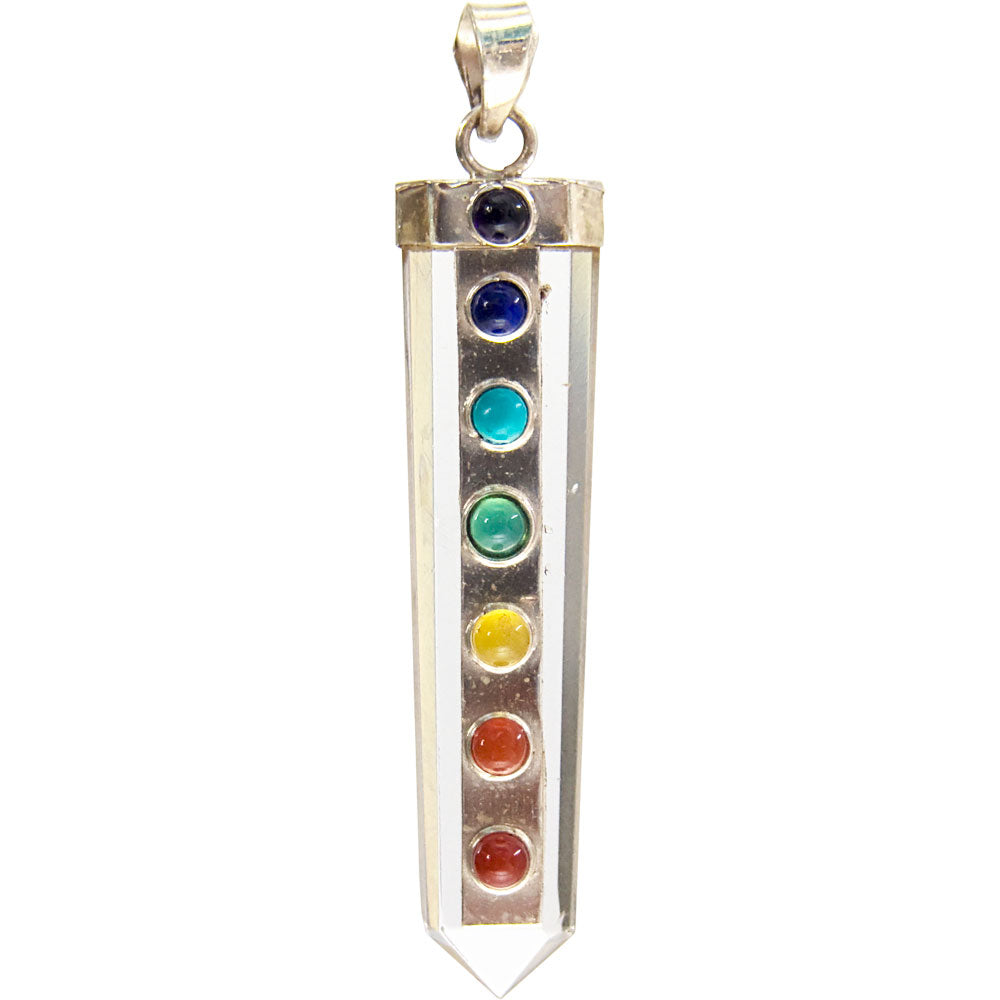 Chakra Gemstones on Clear Quartz Flat Point Pendant