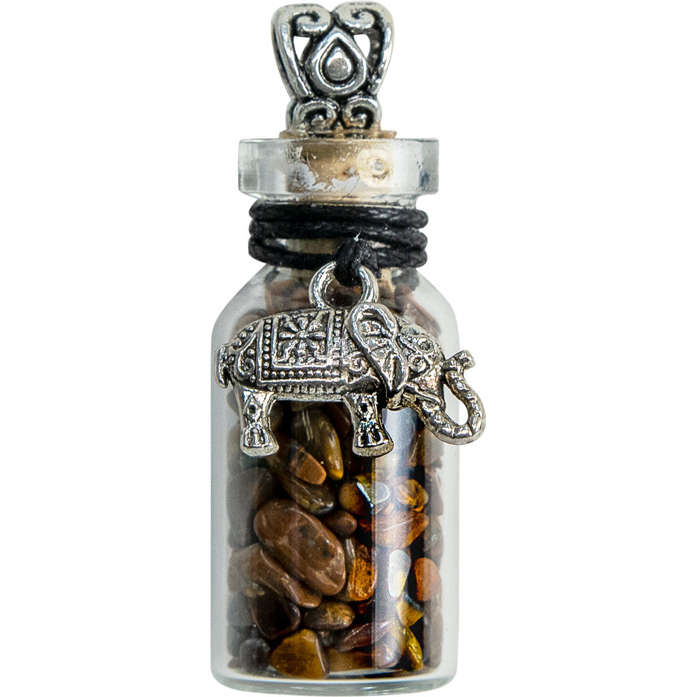 Gemstone Chip Bottle Necklace - Tiger Eye w/ Elephant