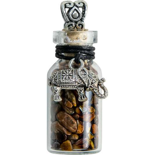 Gemstone Chip Bottle Necklace - Tiger Eye w/ Elephant