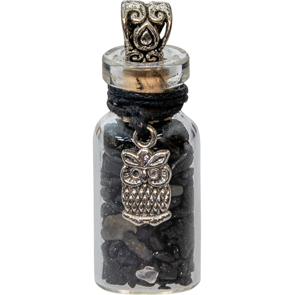 Gemstone Chip Bottle Necklace - Black Tourmaline w/ Owl