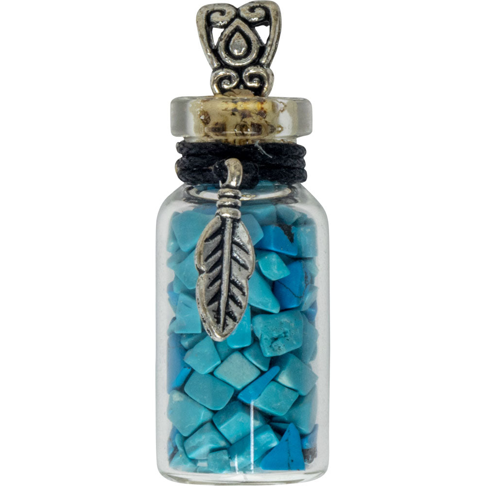 Gemstone Chip Bottle Necklace - Turquoise w/ Feather