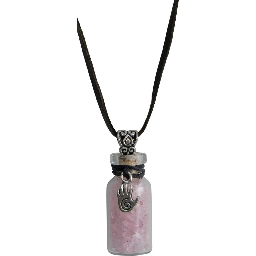 Gemstone Chip Bottle Necklace - Rose Quartz w/ Healing Hand