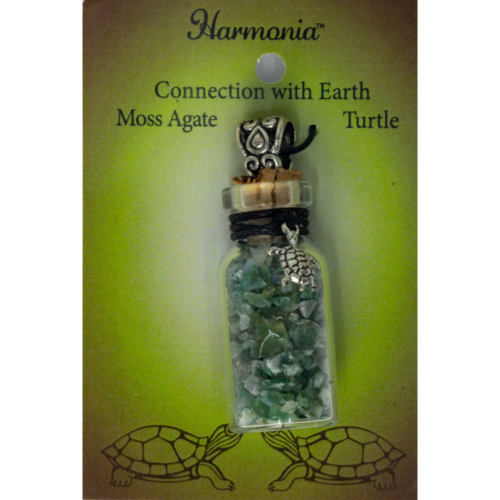 Gemstone Chip Bottle Necklace - Moss Agate w/ Turtle