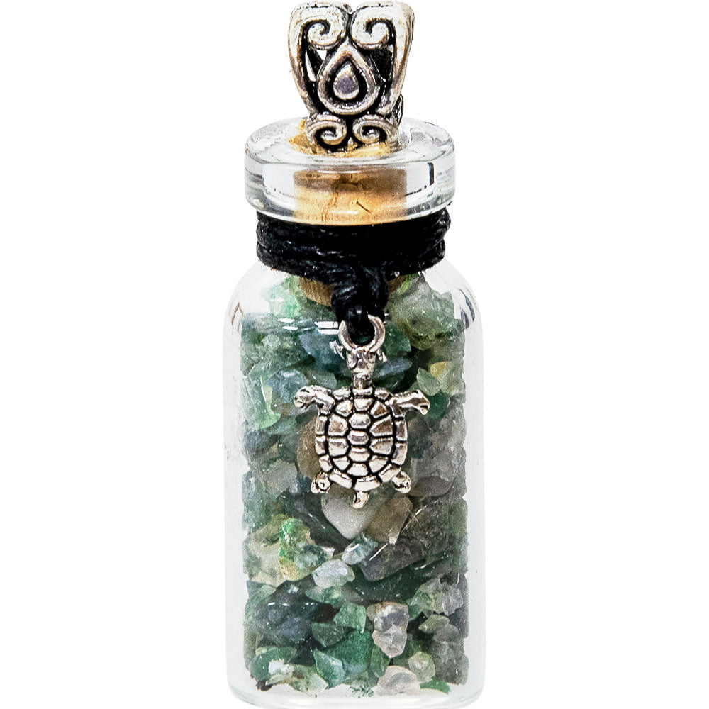 Gemstone Chip Bottle Necklace - Moss Agate w/ Turtle
