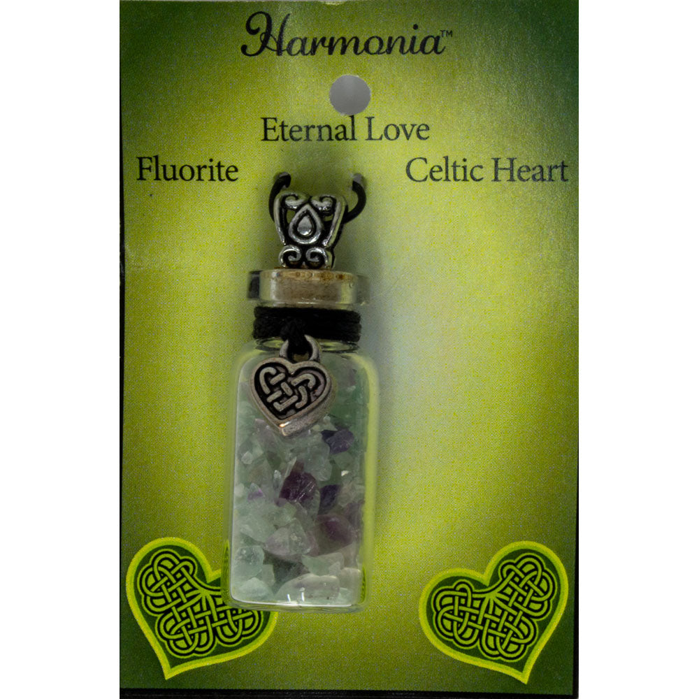 Gemstone Chip Bottle Necklace - Fluorite w/ Celtic Heart