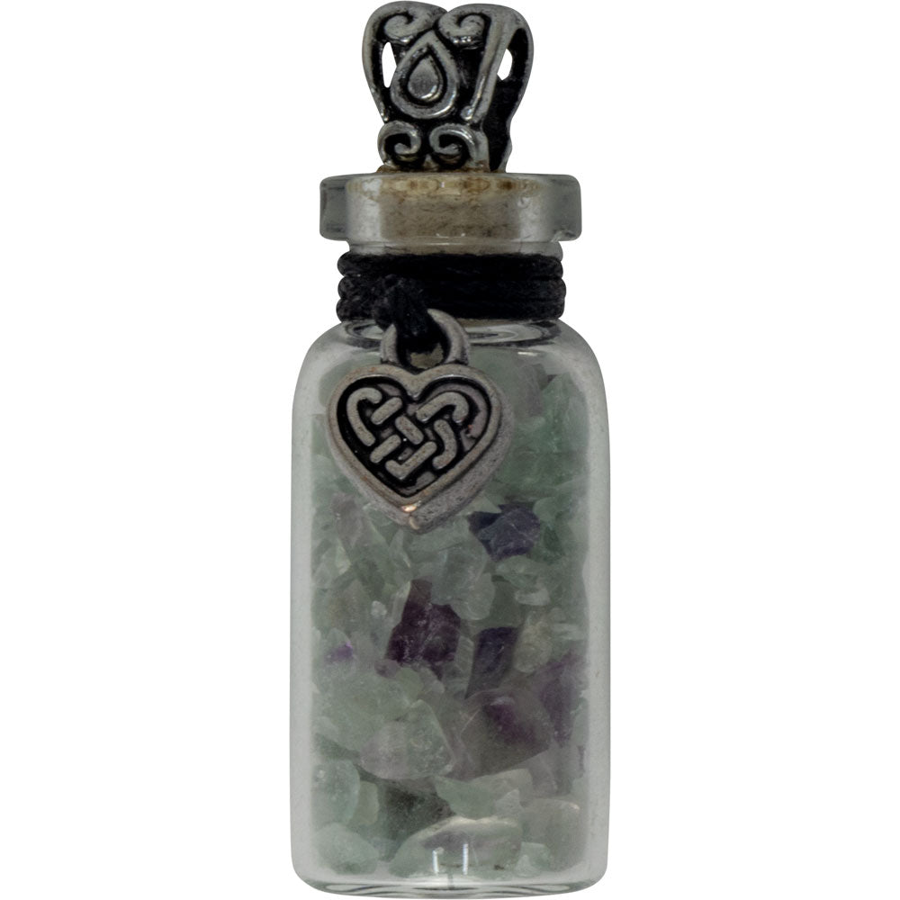 Gemstone Chip Bottle Necklace - Fluorite w/ Celtic Heart