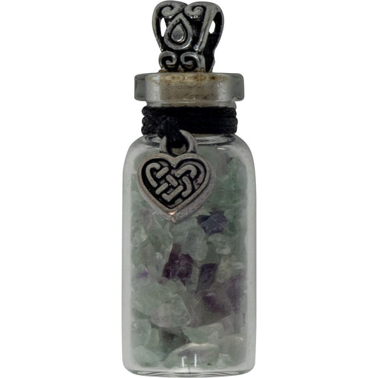 Gemstone Chip Bottle Necklace - Fluorite w/ Celtic Heart