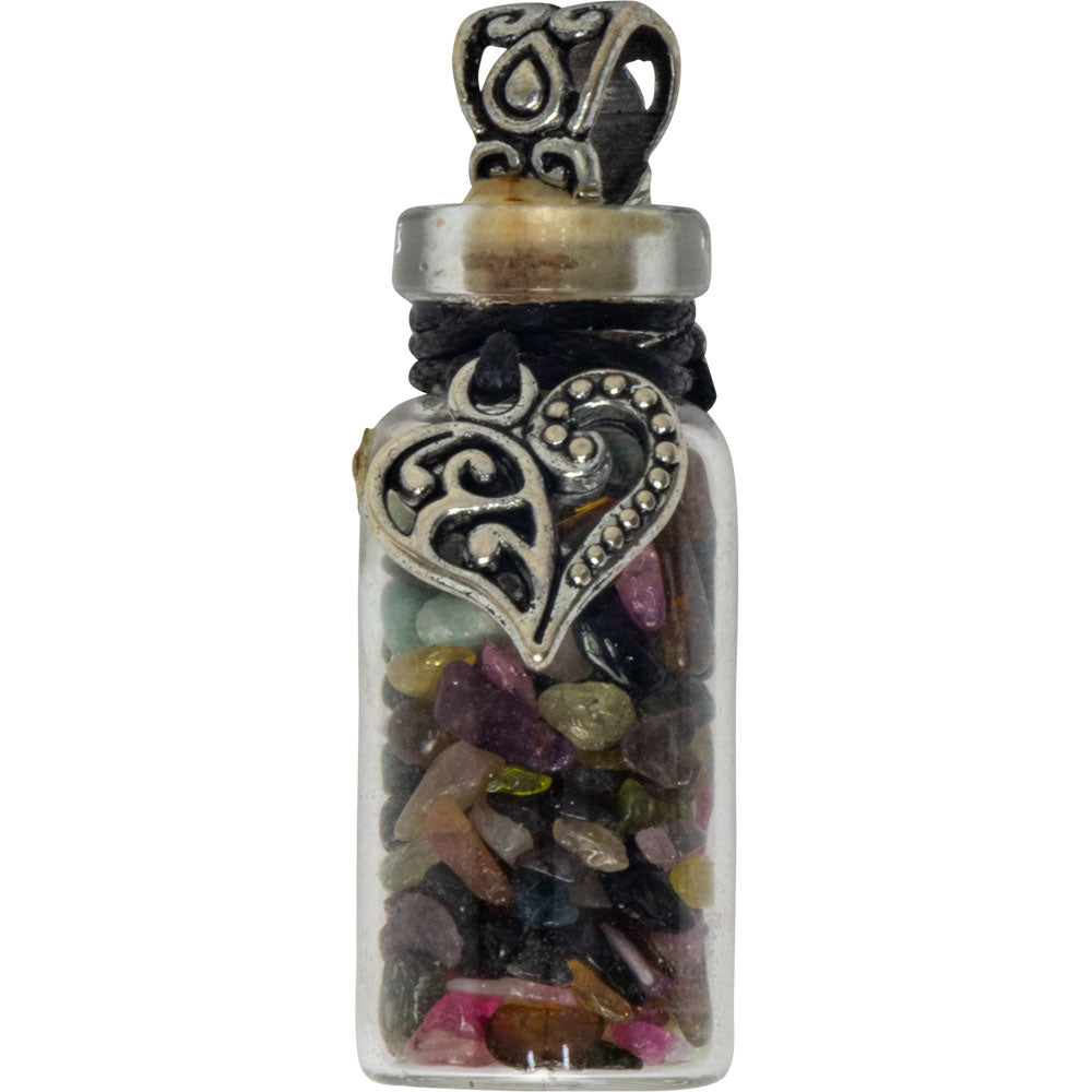 Gemstone Chip Bottle Necklace - Tourmaline w/ Heart