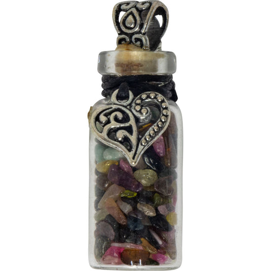 Gemstone Chip Bottle Necklace - Tourmaline w/ Heart