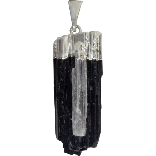 Black Tourmaline w/ Selenite Accent Silver Cap Pendant