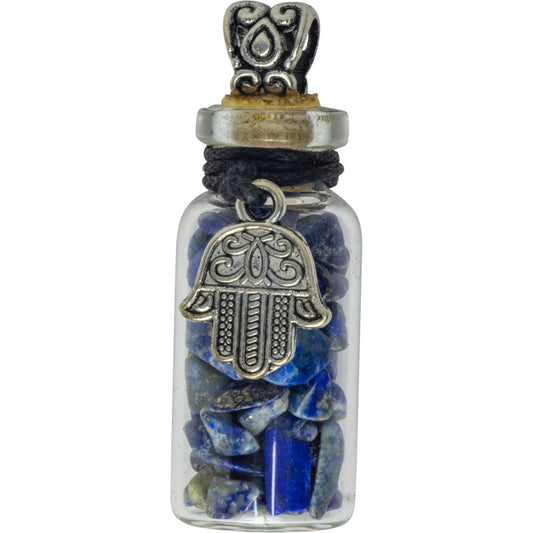 Gemstone Chip Bottle Necklace - Lapis w/ Fatima Hand