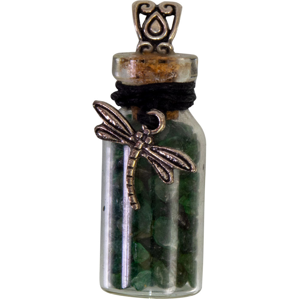 Gemstone Chip Bottle Necklace - Green Aventurine w/ Dragonfly