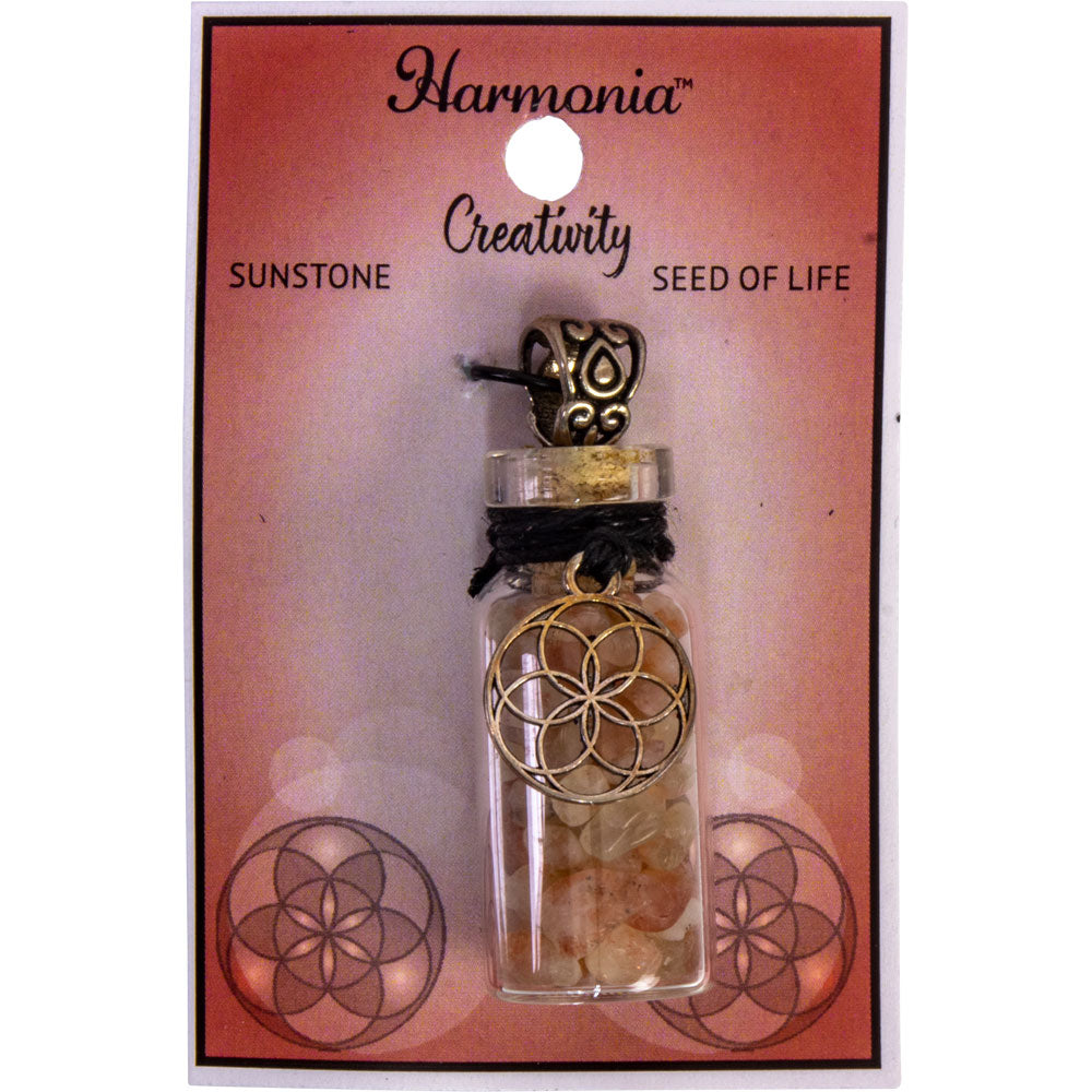 Gemstone Chip Bottle Necklace - Sunstone w/ Seed of Life