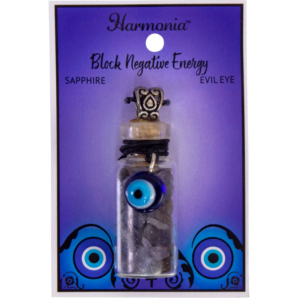 Gemstone Chip Bottle Necklace - Sapphire w/ Evil Eye
