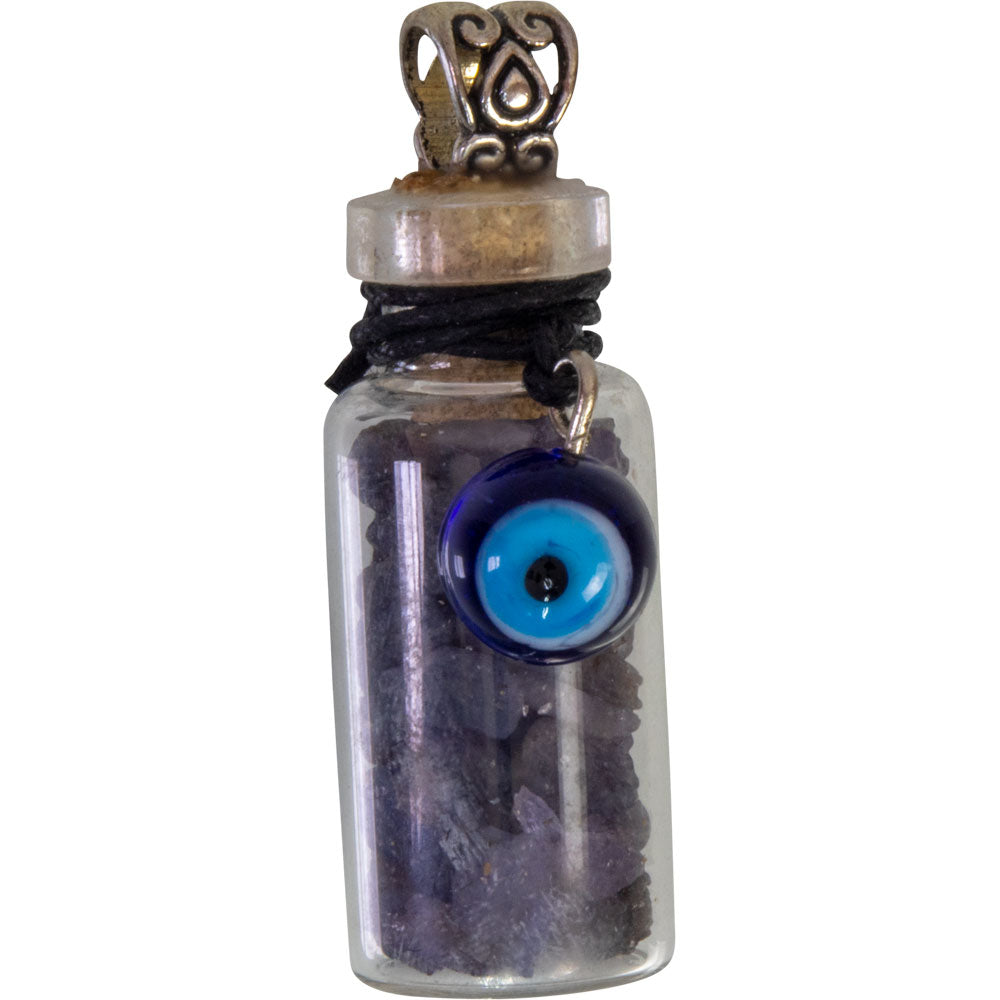 Gemstone Chip Bottle Necklace - Sapphire w/ Evil Eye