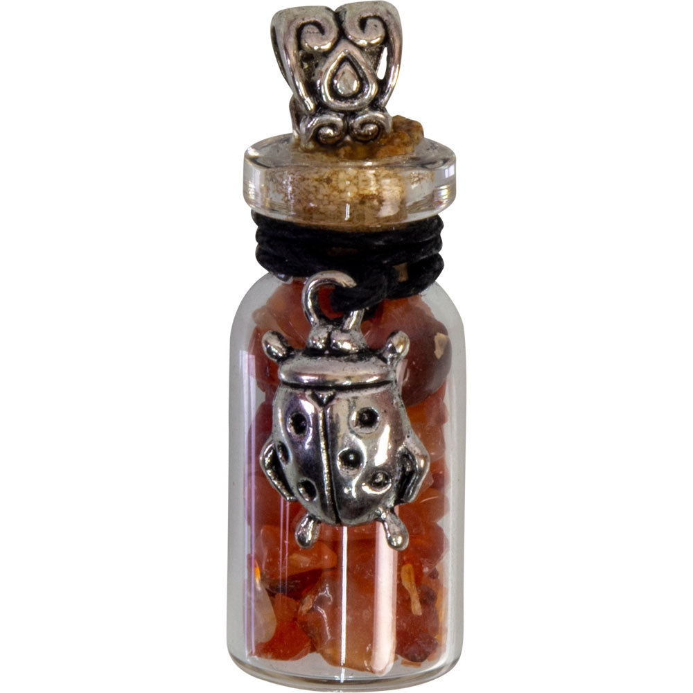Gemstone Chip Bottle Necklace - Carnelian w/ Ladybug