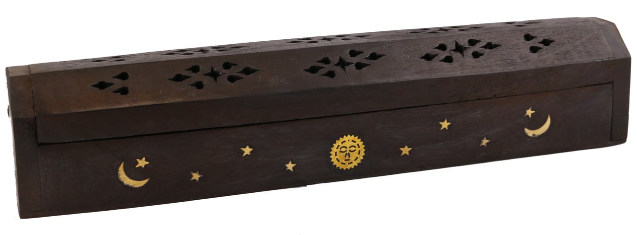 12" Black Sun & Moon Wooden Incense Coffin Box
