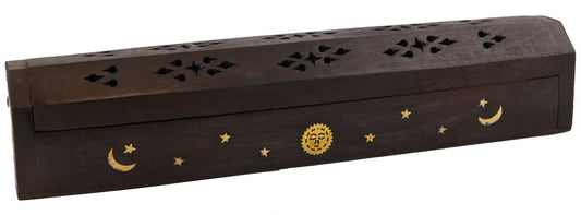 12" Black Sun & Moon Wooden Incense Coffin Box