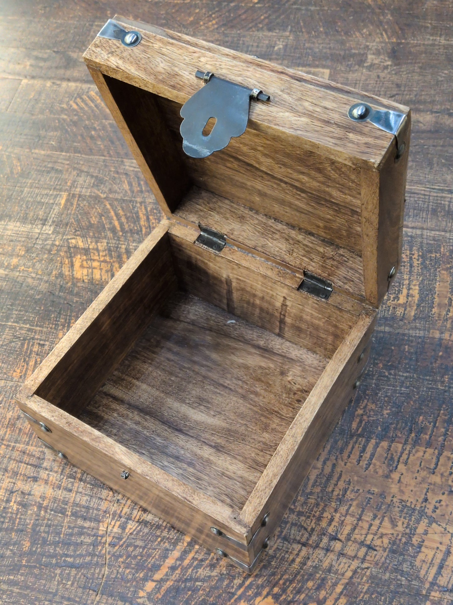 Large square wood chest with metal accents